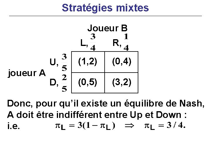 Stratégies mixtes Joueur B joueur A L, R, U, (1, 2) (0, 4) D,