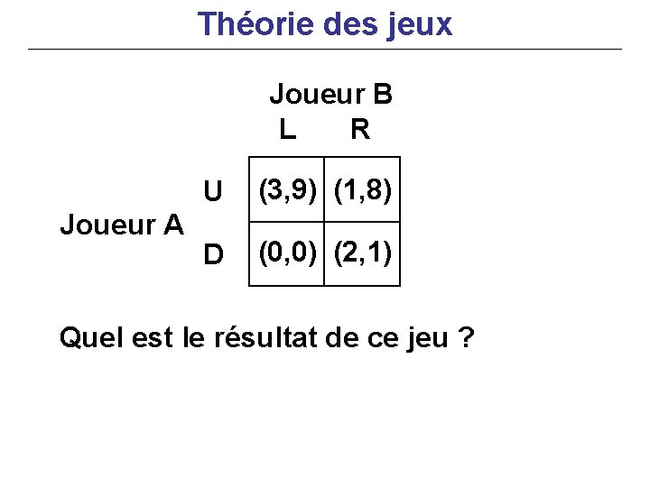 Théorie des jeux Joueur B L R Joueur A U (3, 9) (1, 8)