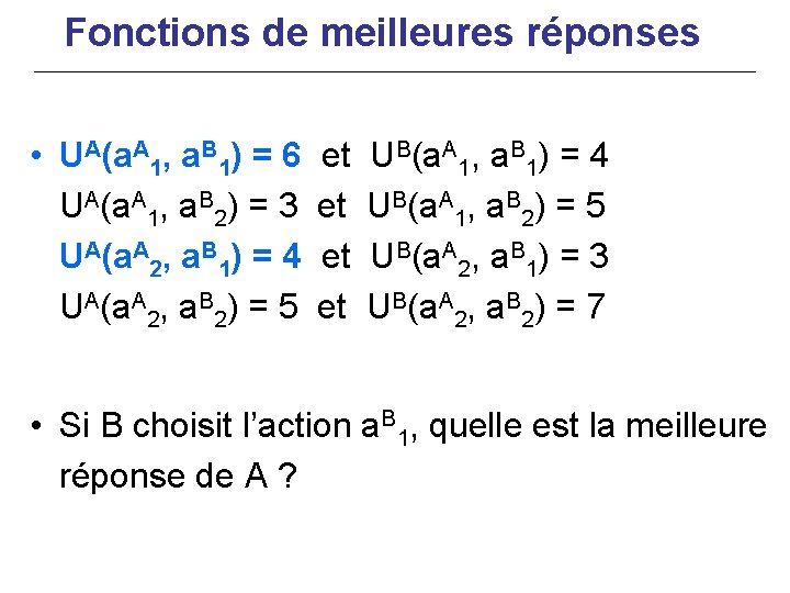 Fonctions de meilleures réponses • UA(a. A 1, a. B 1) = 6 UA(a.