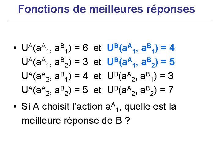 Fonctions de meilleures réponses • UA(a. A 1, a. B 1) = 6 UA(a.