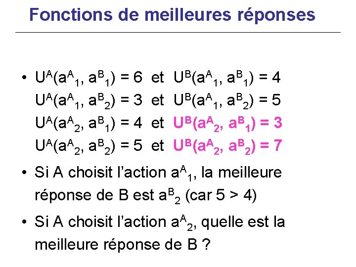 Fonctions de meilleures réponses • UA(a. A 1, a. B 1) = 6 UA(a.