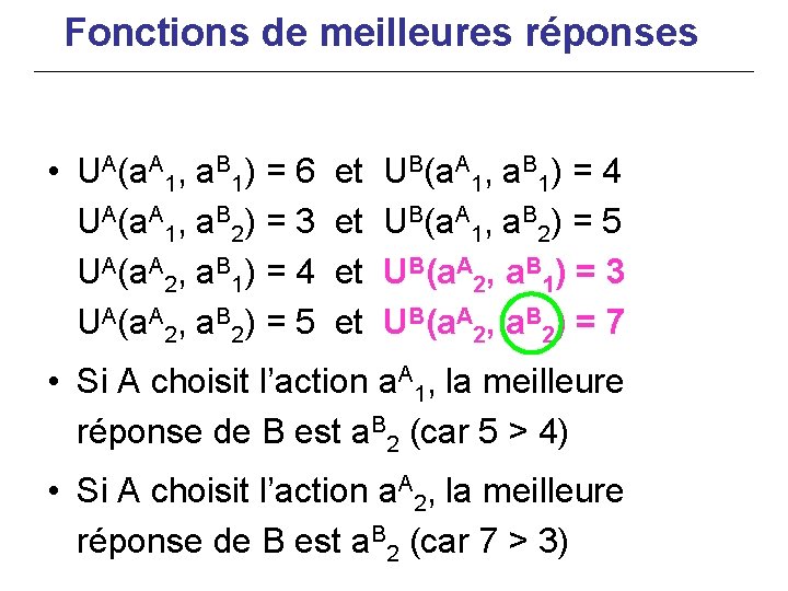 Fonctions de meilleures réponses • UA(a. A 1, a. B 1) = 6 UA(a.