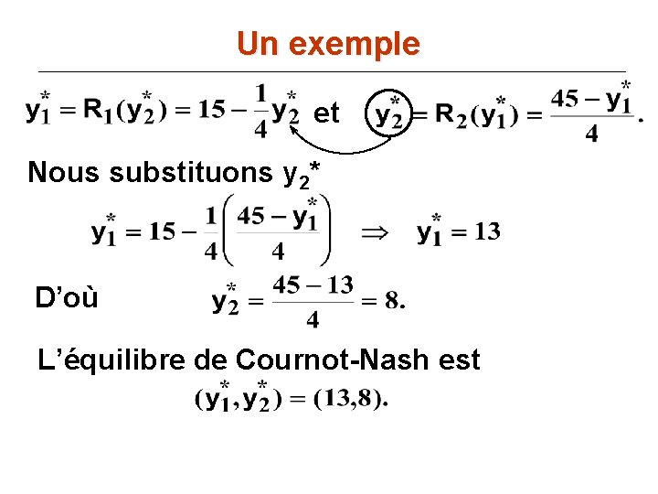 Un exemple et Nous substituons y 2* D’où L’équilibre de Cournot-Nash est 