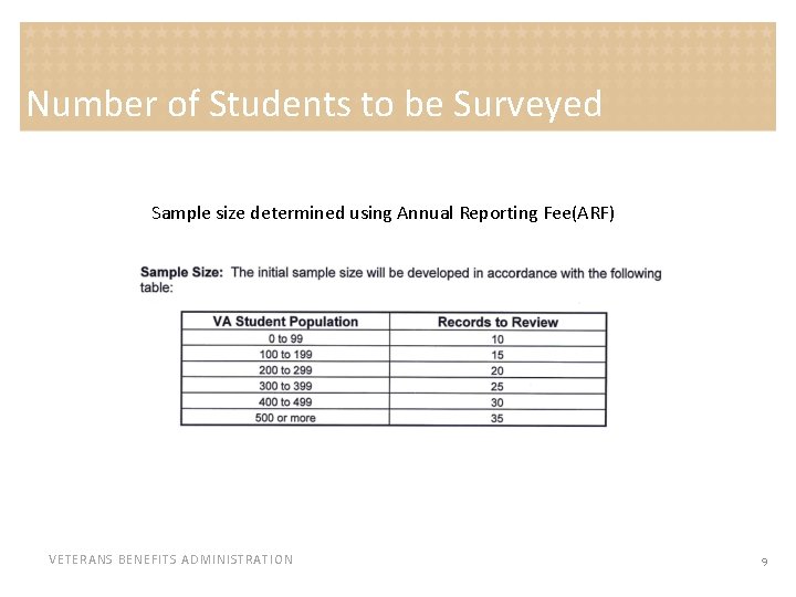 Number of Students to be Surveyed Sample size determined using Annual Reporting Fee(ARF) VETERANS