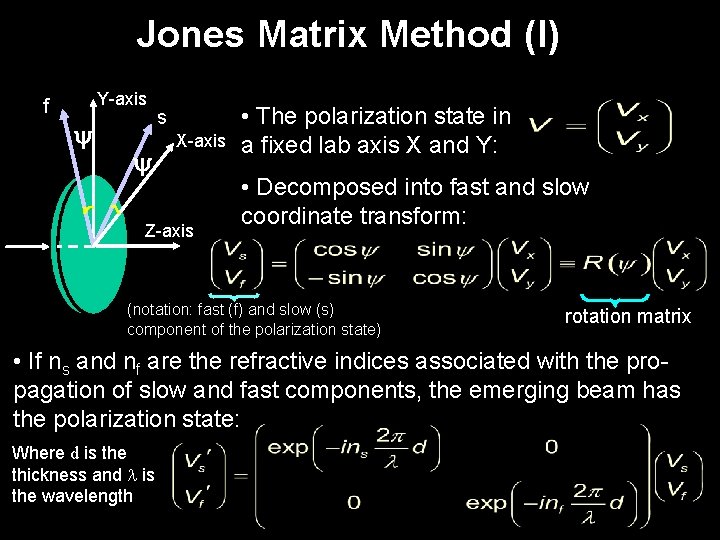Jones Matrix Method (I) f Y-axis y y s X-axis Z-axis • The polarization