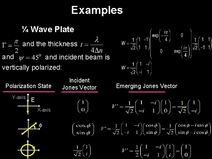 Examples ¼ Wave Plate and the thickness and incident beam is vertically polarized: Polarization