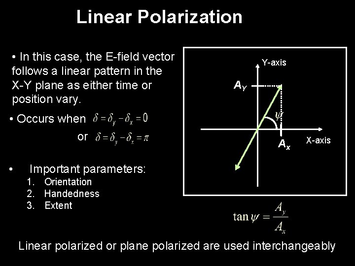Linear Polarization • In this case, the E-field vector follows a linear pattern in