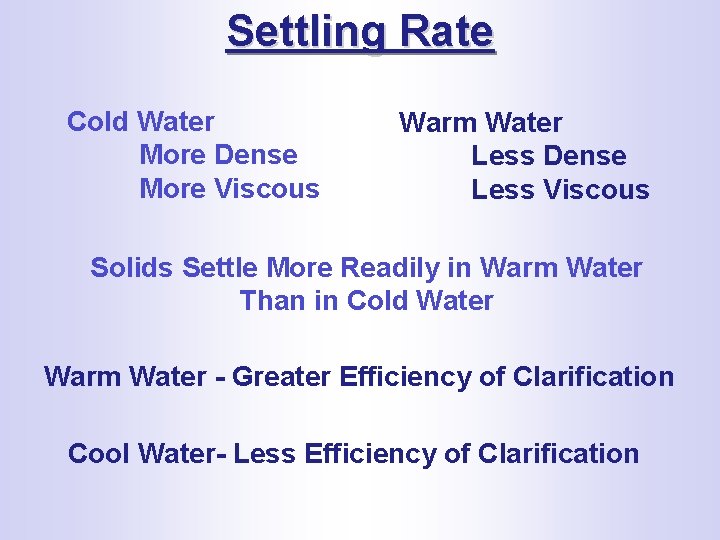 Settling Rate Cold Water More Dense More Viscous Warm Water Less Dense Less Viscous