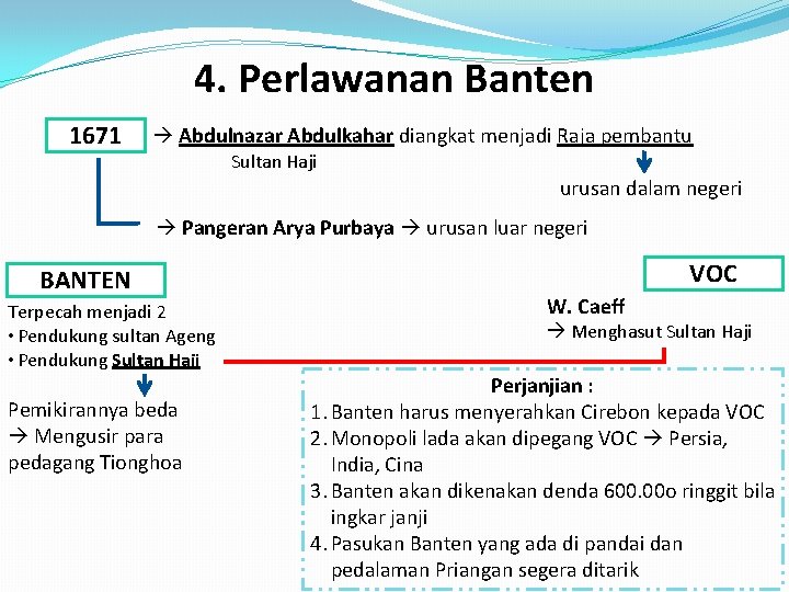 4. Perlawanan Banten 1671 Abdulnazar Abdulkahar diangkat menjadi Raja pembantu Sultan Haji urusan dalam 4. Perlawanan Banten 1671 Abdulnazar Abdulkahar diangkat menjadi Raja pembantu Sultan Haji urusan dalam
