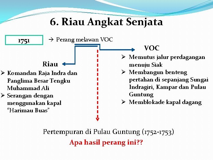 6. Riau Angkat Senjata 1751 Perang melawan VOC Riau Ø Komandan Raja Indra dan