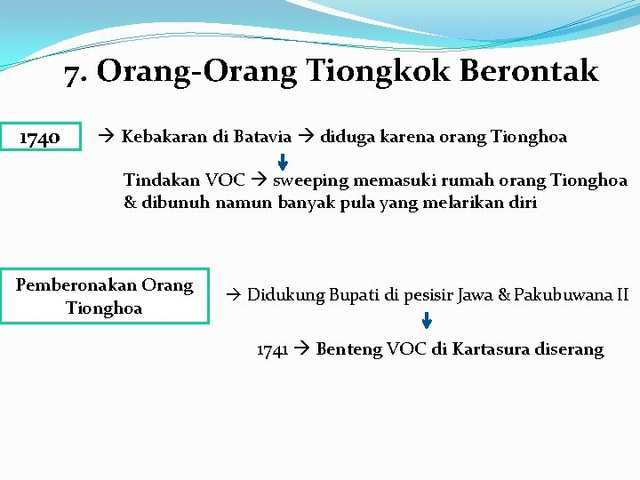 7. Orang-Orang Tiongkok Berontak 1740 Kebakaran di Batavia diduga karena orang Tionghoa Tindakan VOC