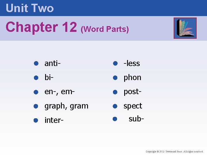 Unit Two Chapter 12 (Word Parts) anti- -less bi- phon en-, em- post- graph,