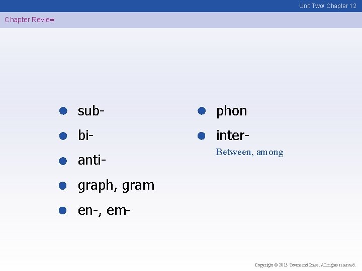 Unit Two/ Chapter 12 Chapter Review sub- phon bi- inter- anti- Between, among graph,