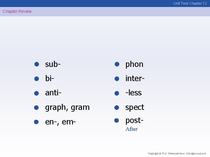 Unit Two/ Chapter 12 Chapter Review sub- phon bi- inter- anti- -less graph, gram