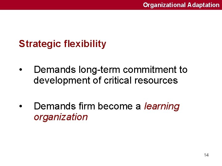 Organizational Adaptation Strategic flexibility • Demands long-term commitment to development of critical resources •