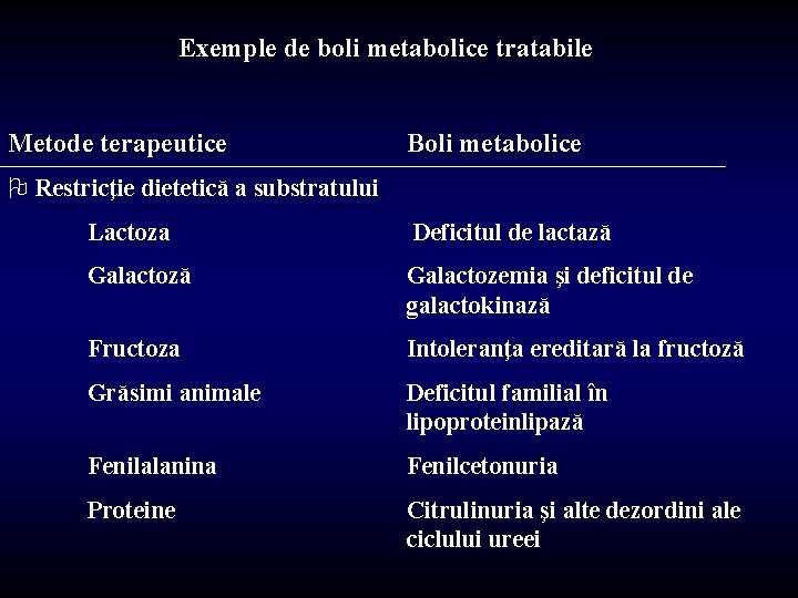 Exemple de boli metabolice tratabile Metode terapeutice Boli metabolice O Restricţie dietetică a substratului