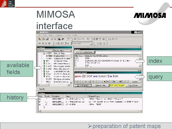 MIMOSA interface available fields index query history Øpreparation of patent maps 