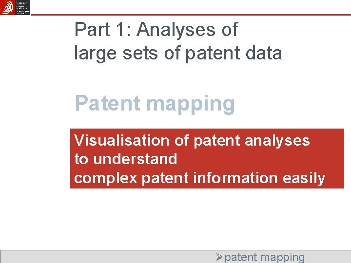 Part 1: Analyses of large sets of patent data Patent mapping Visualisation of patent