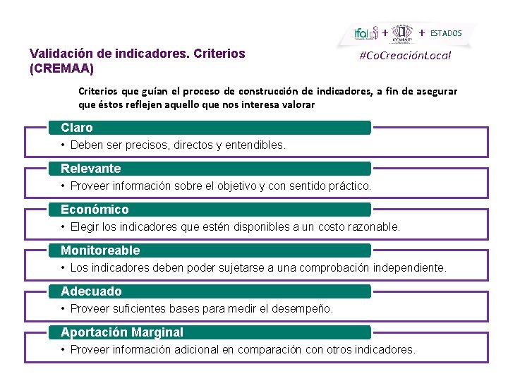 + Validación de indicadores. Criterios (CREMAA) + ESTADOS #Co. Creación. Local Criterios que guían