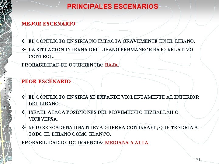 PRINCIPALES ESCENARIOS MEJOR ESCENARIO EL CONFLICTO EN SIRIA NO IMPACTA GRAVEMENTE EN EL LIBANO.