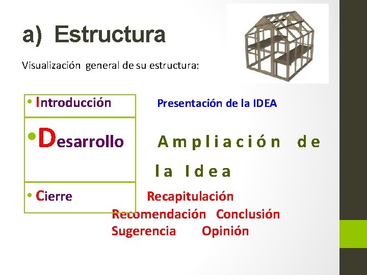 a) Estructura Visualización general de su estructura: • Introducción Presentación de la IDEA •