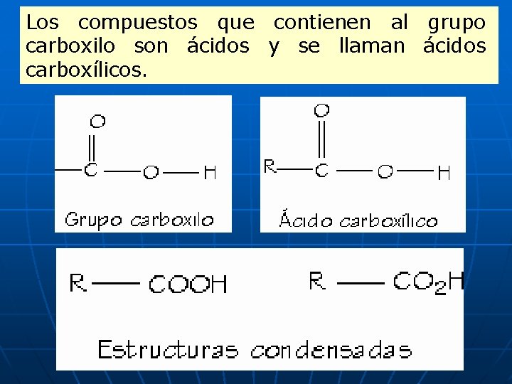 Los compuestos que contienen al grupo carboxilo son ácidos y se llaman ácidos carboxílicos.