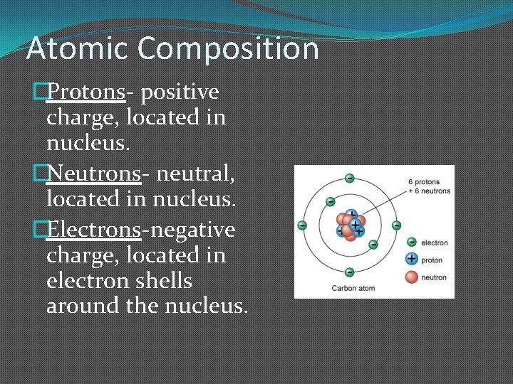 Atomic Composition �Protons- positive charge, located in nucleus. �Neutrons- neutral, located in nucleus. �Electrons-negative