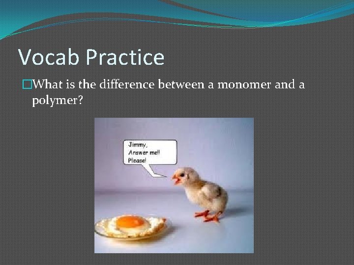 Vocab Practice �What is the difference between a monomer and a polymer? 