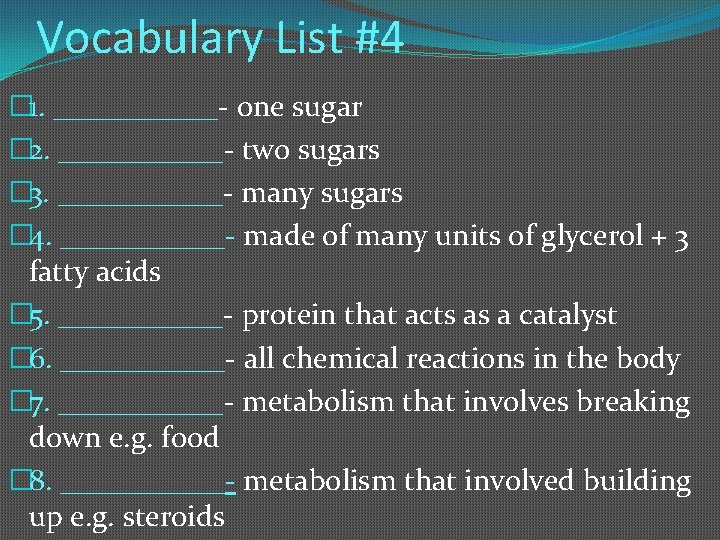 Vocabulary List #4 � 1. ______- one sugar � 2. ______- two sugars �