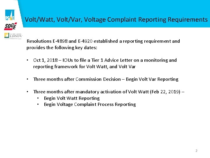 Volt/Watt, Volt/Var, Voltage Complaint Reporting Requirements Resolutions E-4898 and E-4920 established a reporting requirement