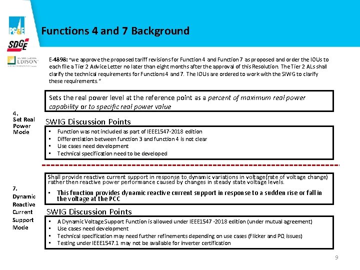 Functions 4 and 7 Background E-4898: “we approve the proposed tariff revisions for Function