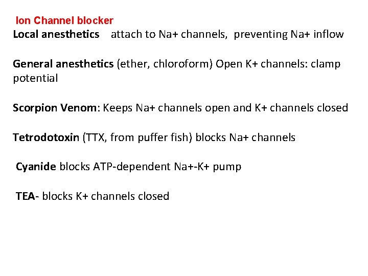 Ion Channel blocker Local anesthetics attach to Na+ channels, preventing Na+ inflow General anesthetics