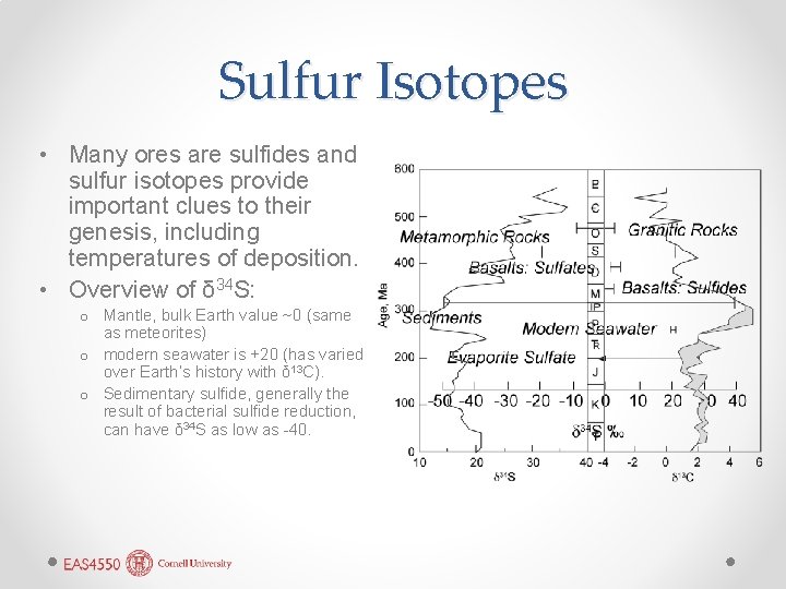 Sulfur Isotopes • Many ores are sulfides and sulfur isotopes provide important clues to