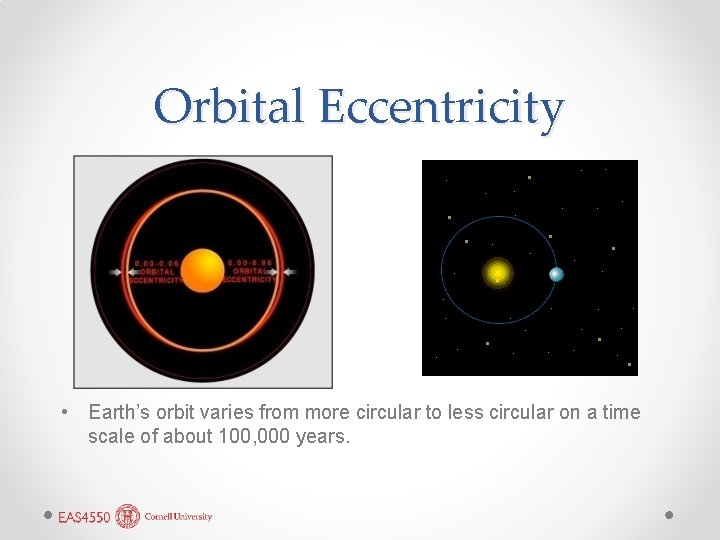 Orbital Eccentricity • Earth’s orbit varies from more circular to less circular on a