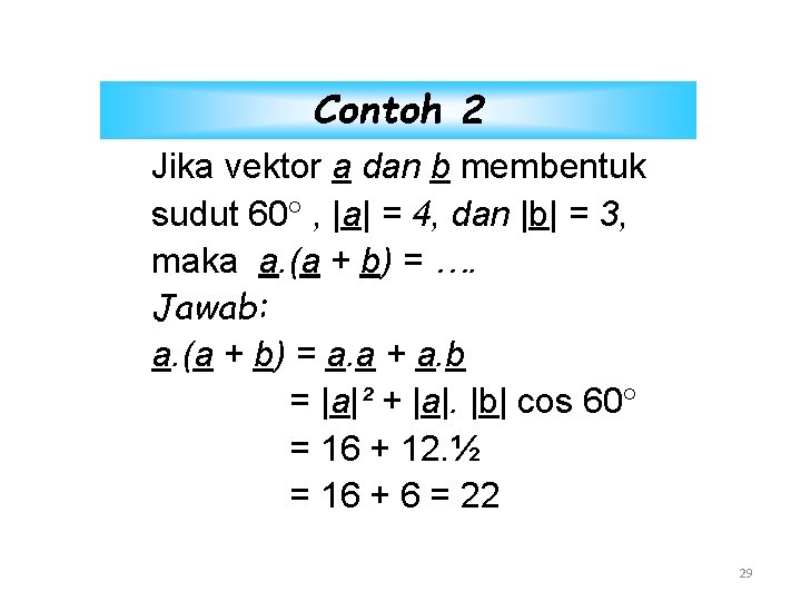 Contoh 2 Jika vektor a dan b membentuk sudut 60 , |a| = 4,