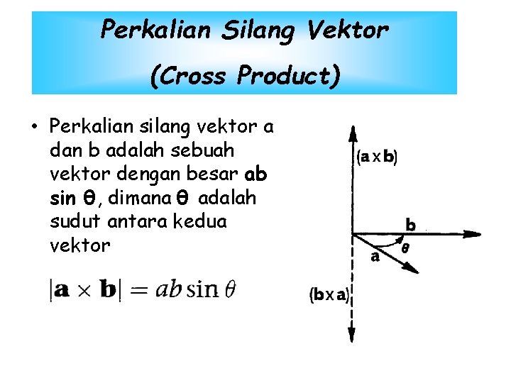 Perkalian Silang Vektor (Cross Product) • Perkalian silang vektor a dan b adalah sebuah