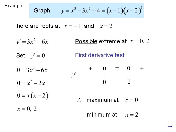 Example: Graph There are roots at and . Possible extreme at Set First derivative