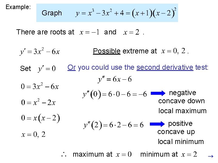 Example: Graph There are roots at and . Possible extreme at Set . Or