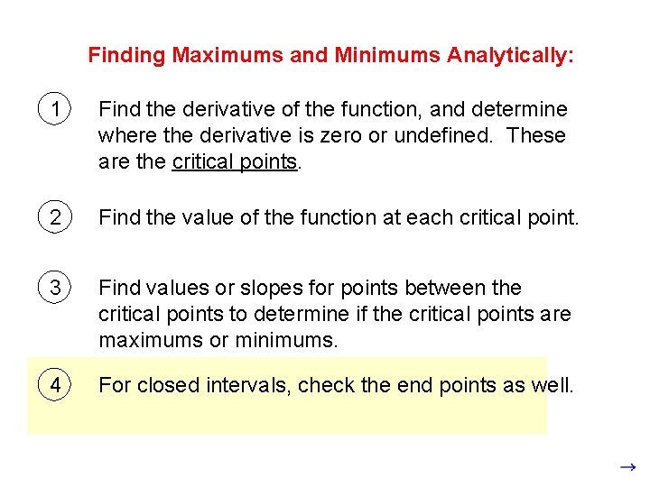 Finding Maximums and Minimums Analytically: 1 Find the derivative of the function, and determine