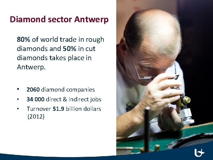Diamond sector Antwerp 80% of world trade in rough diamonds and 50% in cut