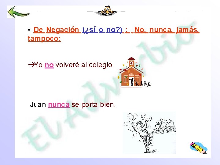  • De Negación (¿sí o no? ) : No, nunca, jamás, tampoco: àYo