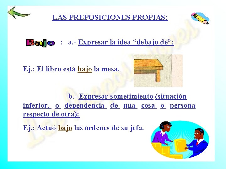 LAS PREPOSICIONES PROPIAS: : a. - Expresar la idea “debajo de”: Ej. : El