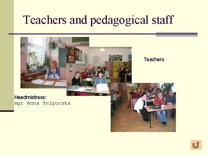 Teachers and pedagogical staff Teachers Headmistress: mgr Anna Śnigurska 