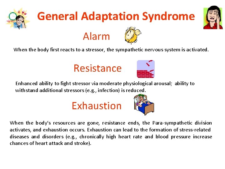 General Adaptation Syndrome Alarm When the body first reacts to a stressor, the sympathetic