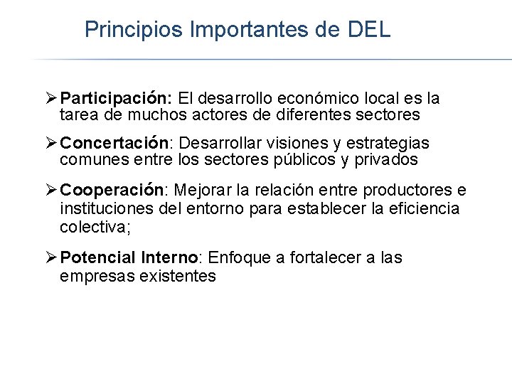 Principios Importantes de DEL Ø Participación: El desarrollo económico local es la tarea de