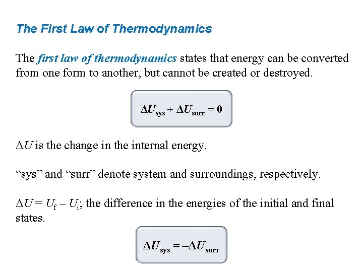 The First Law of Thermodynamics The first law of thermodynamics states that energy can