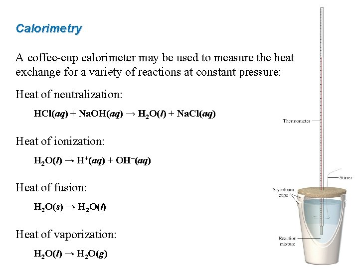 Calorimetry A coffee-cup calorimeter may be used to measure the heat exchange for a