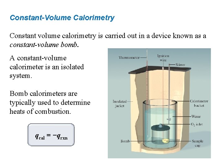 Constant-Volume Calorimetry Constant volume calorimetry is carried out in a device known as a
