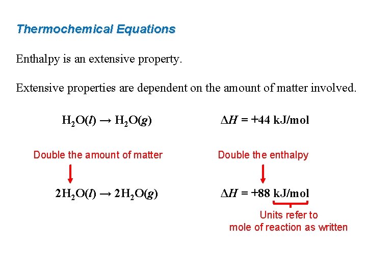 Thermochemical Equations Enthalpy is an extensive property. Extensive properties are dependent on the amount