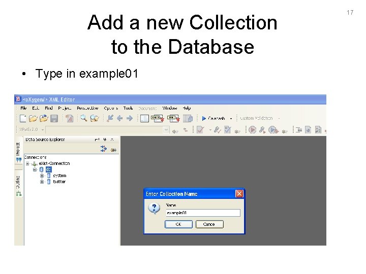 Add a new Collection to the Database • Type in example 01 17 